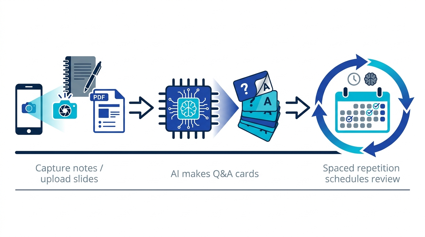 Three-step pipeline: capture notes or slides, AI converts them into flashcards, spaced repetition schedules the review