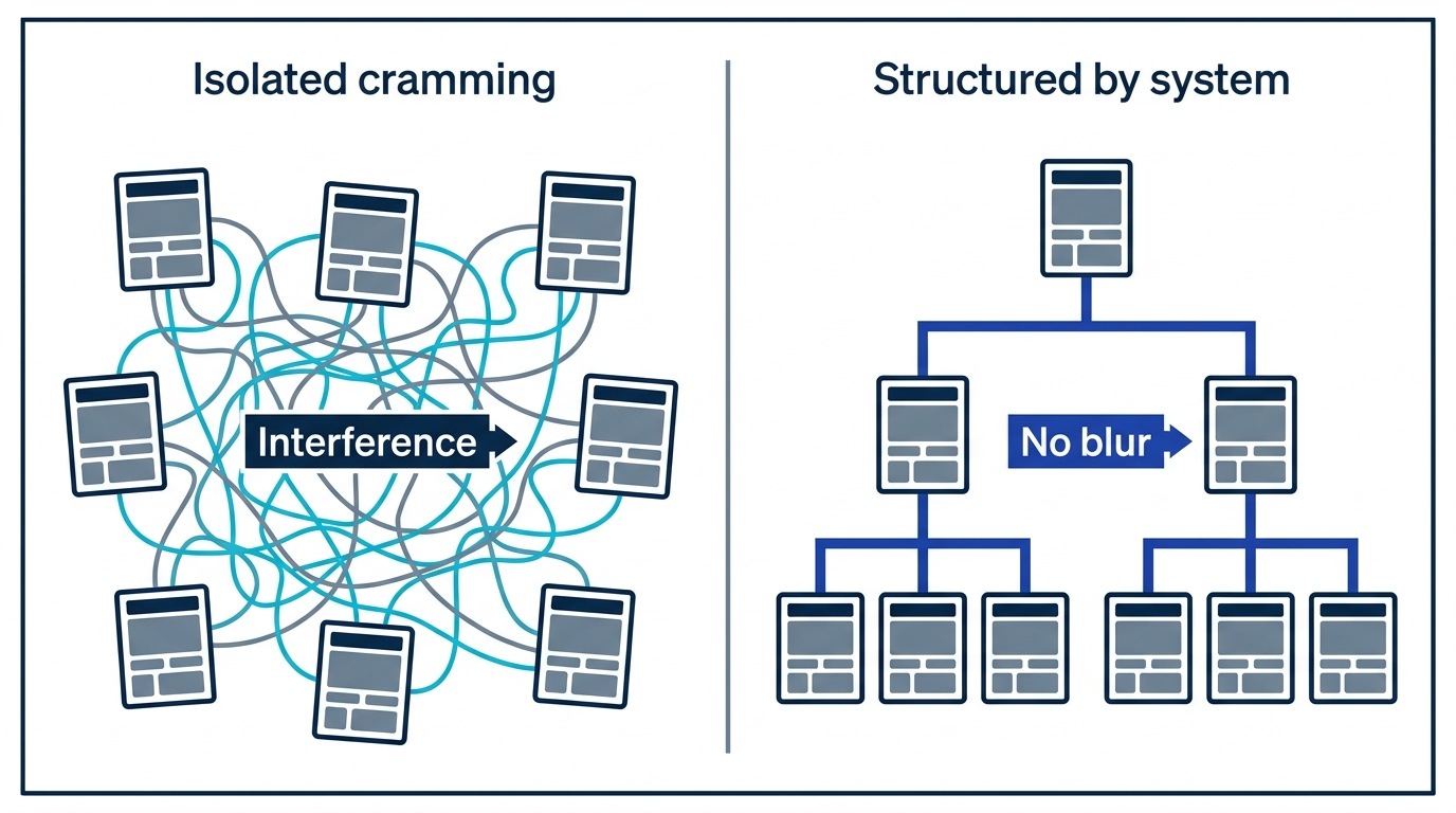 Diagram of memory interference: isolated crammed facts blur together while structured knowledge stays separated