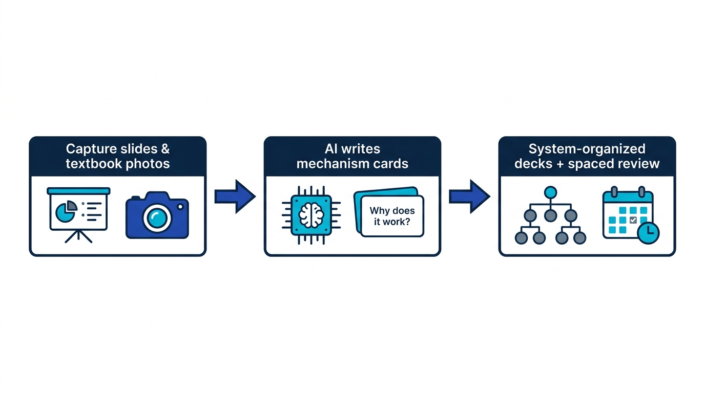 Pipeline from lecture slides and textbook photos to system-organized decks of mechanism-focused flashcards