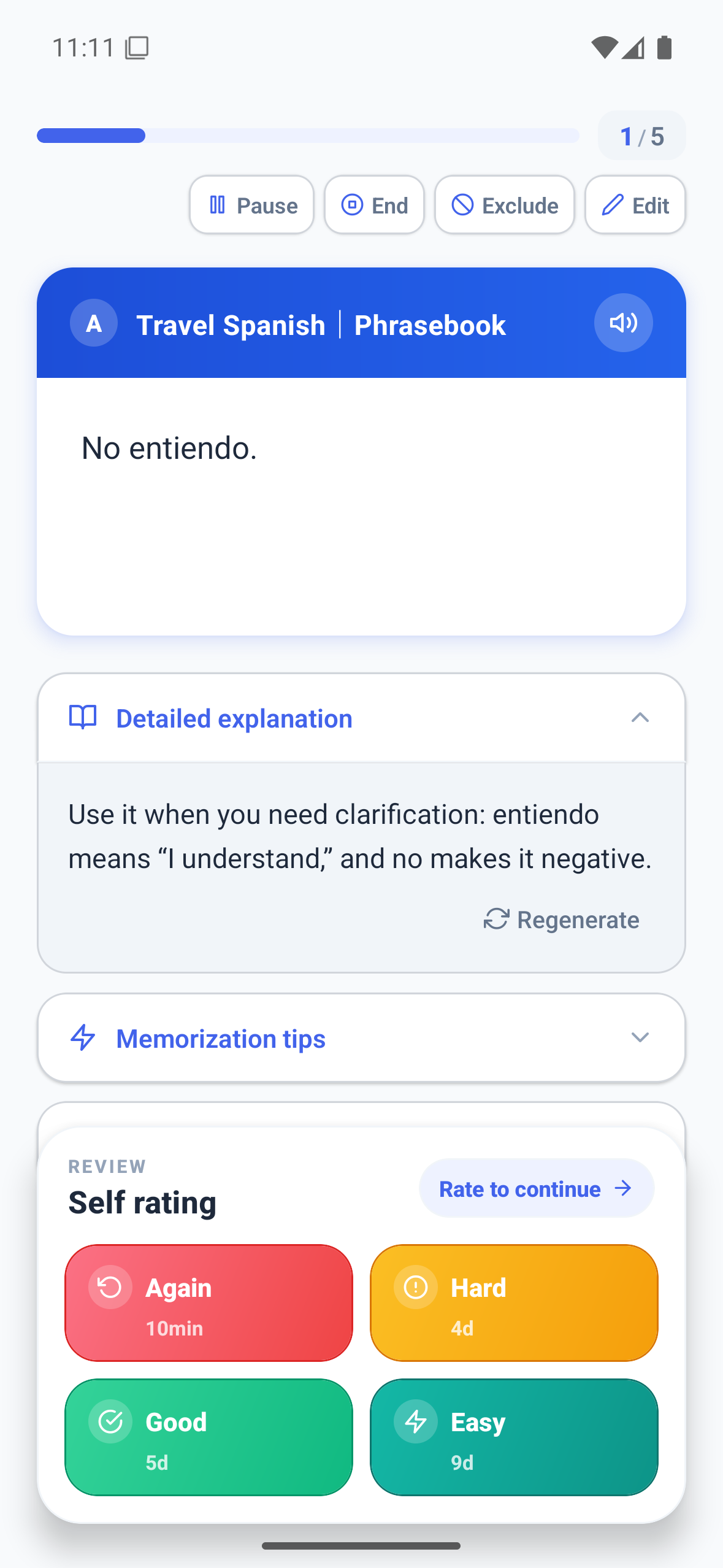Android Memly 2.0 card screen showing AI explanation and memory evaluation during study
