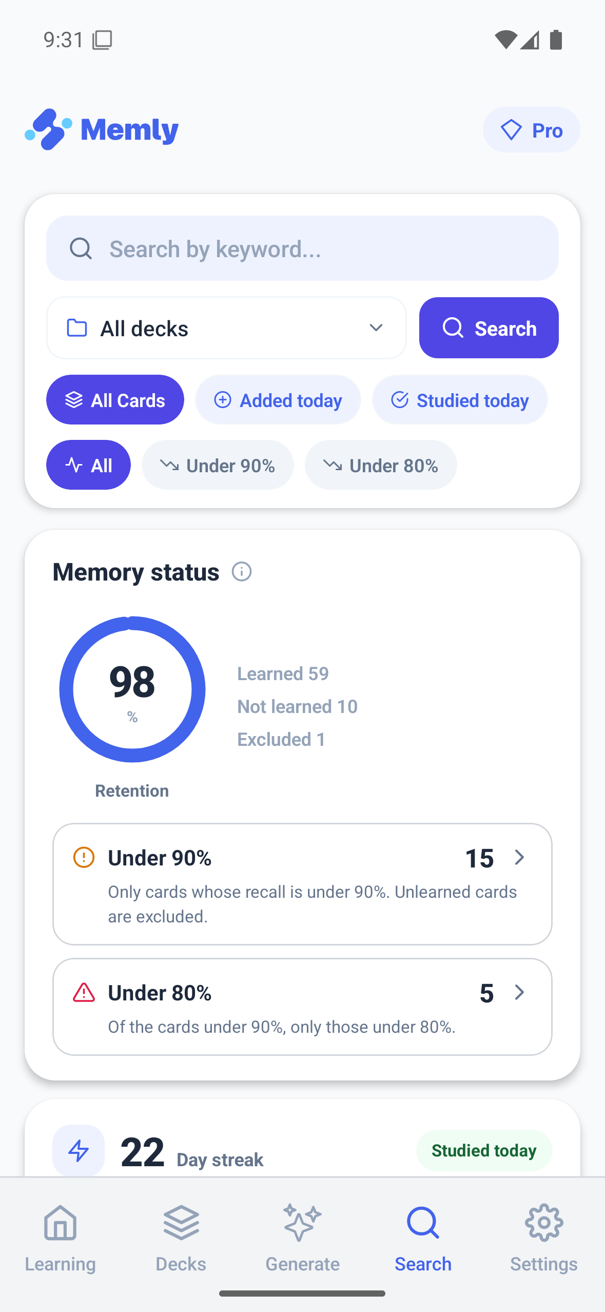 Android memory dashboard showing review workload and cards you are starting to forget before an exam