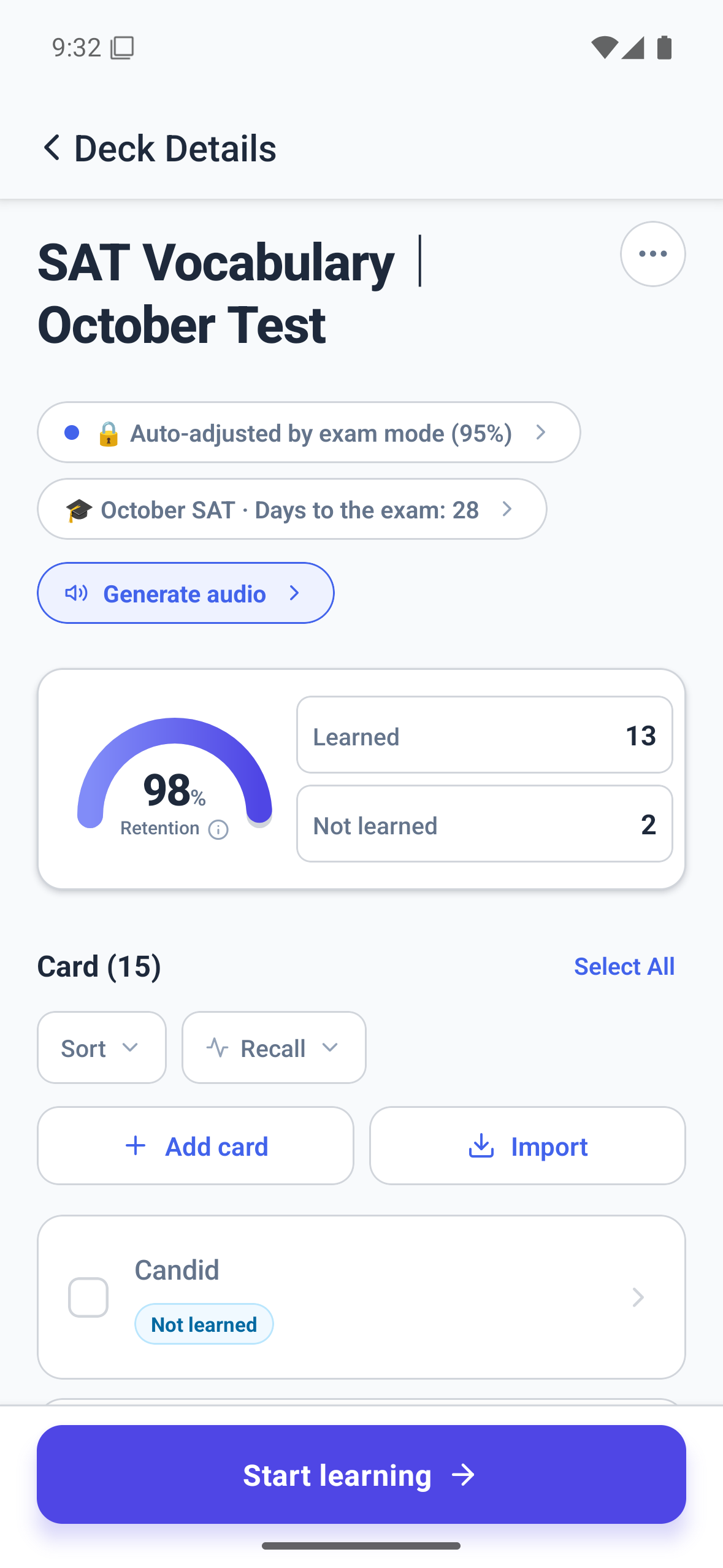 Android Memly 2.0 deck screen showing an exam name, days remaining, and Exam Mode