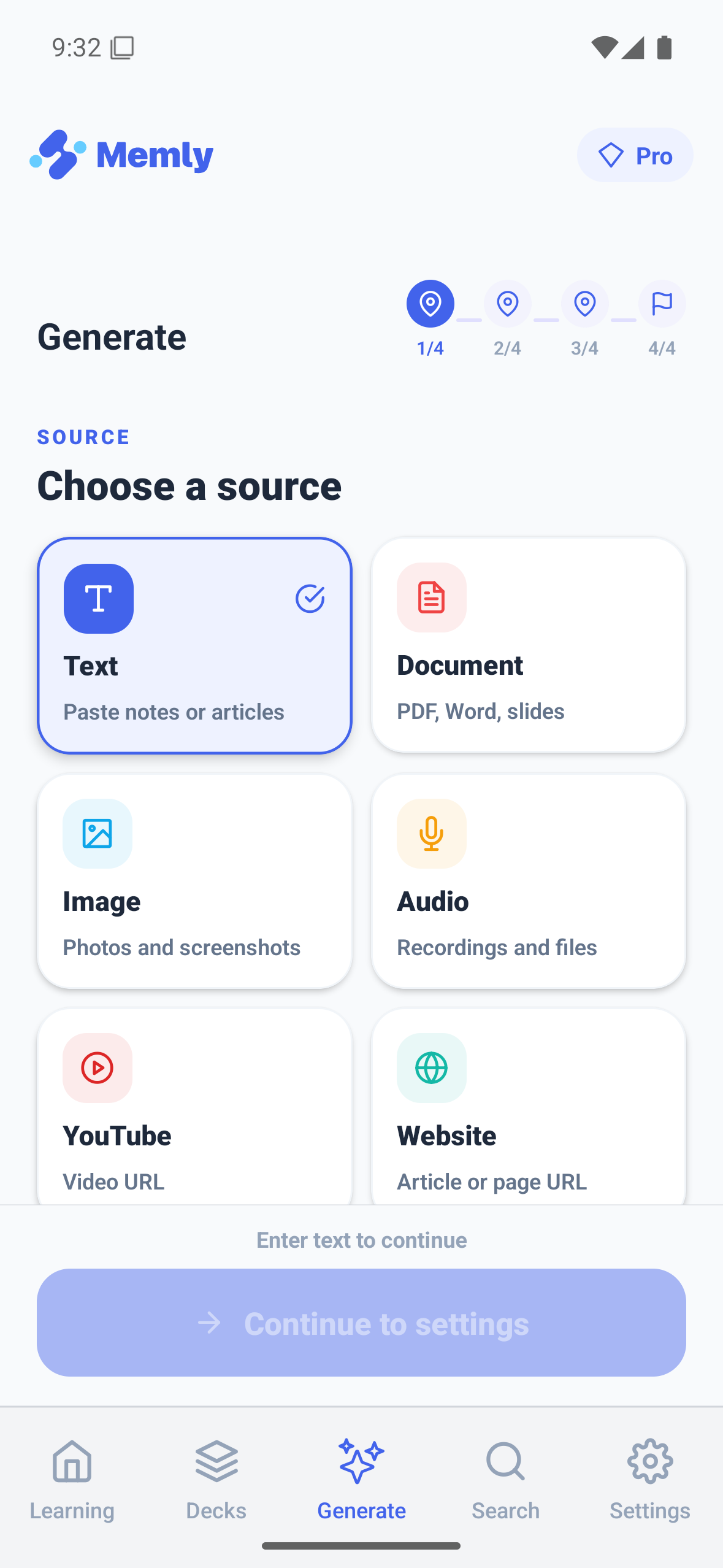 Android Memly 2.0 screen listing document, image, audio, video, and text options for creating cards