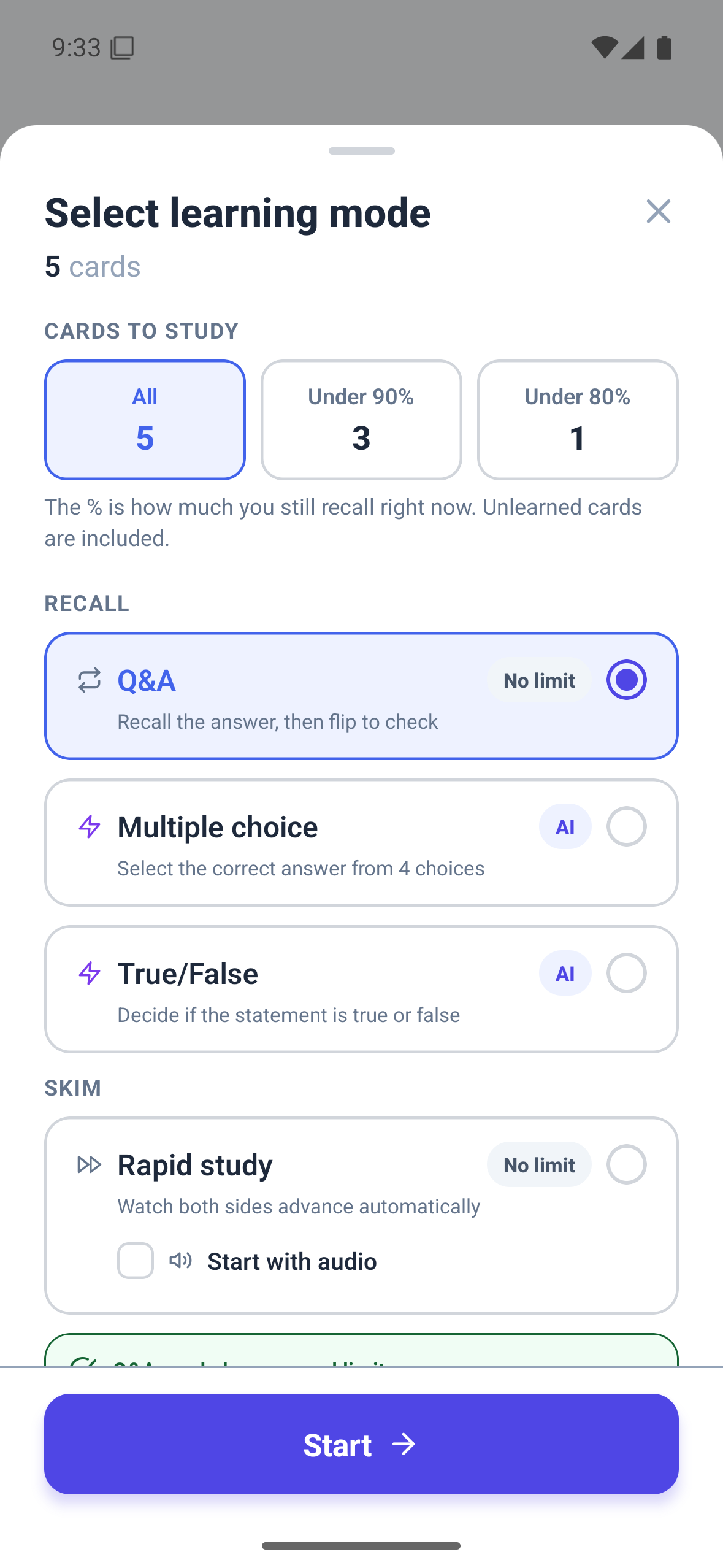 Android Memly 2.0 screen showing Q and A, multiple choice, true or false, and Quick Review modes