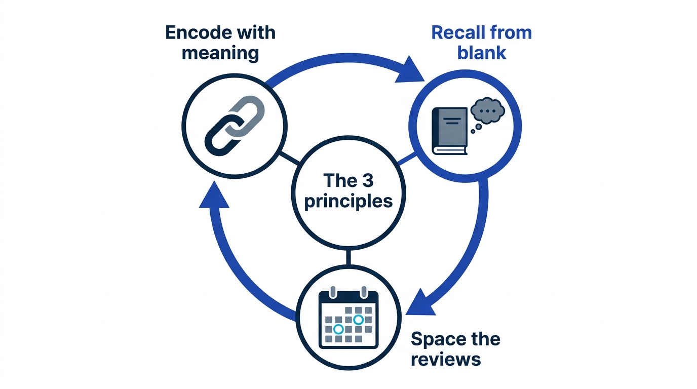 Cycle diagram of the three principles: encode with meaning, practice recalling, space the reviews