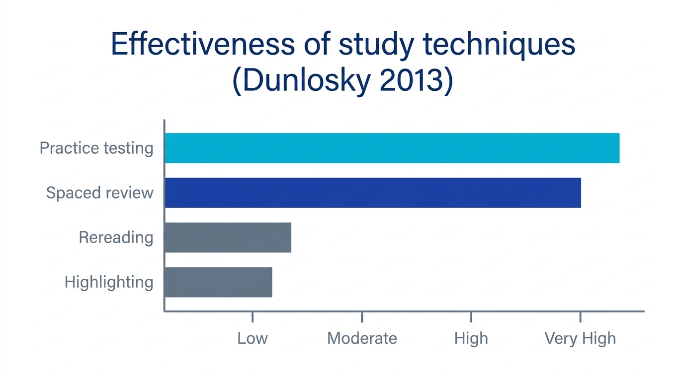 Comparison of study technique effectiveness based on Dunlosky (2013): practice testing and spaced review rate high, rereading and highlighting rate low
