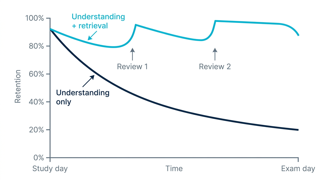 Chart comparing understanding-only study, which fades quickly, with understanding plus retrieval practice, which holds until the exam