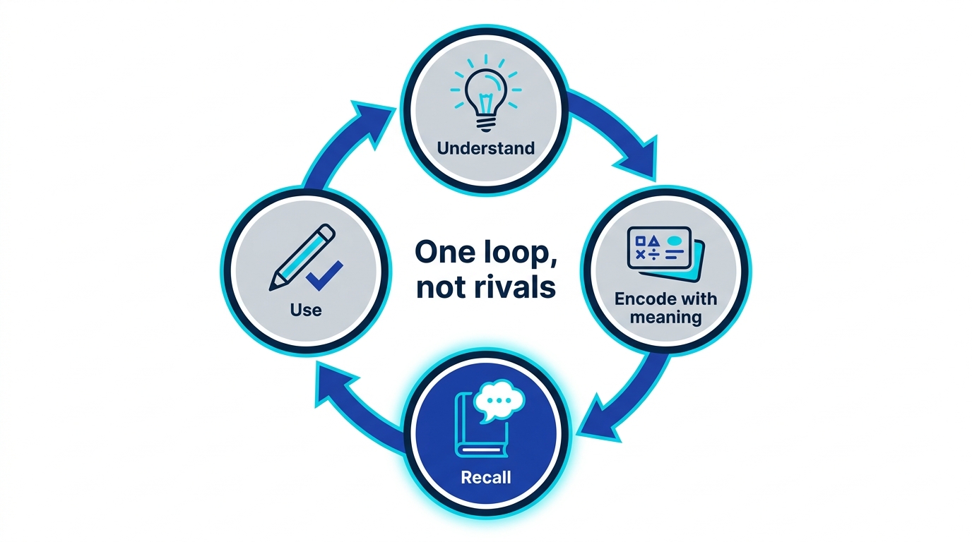 Four-step loop diagram: understand, encode with meaning, recall, use, cycling back to understanding