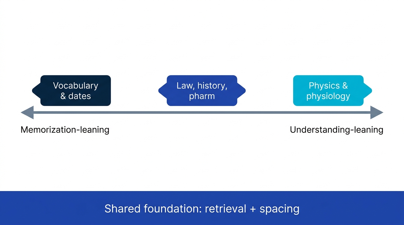 Diagram of memorization vs understanding balance by subject type, with retrieval practice and spacing as the shared foundation