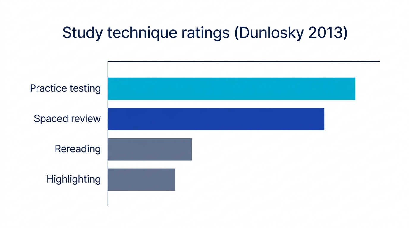 Ranking of study techniques based on the Dunlosky 2013 review: practice testing and spaced review rate high, rereading and highlighting rate low