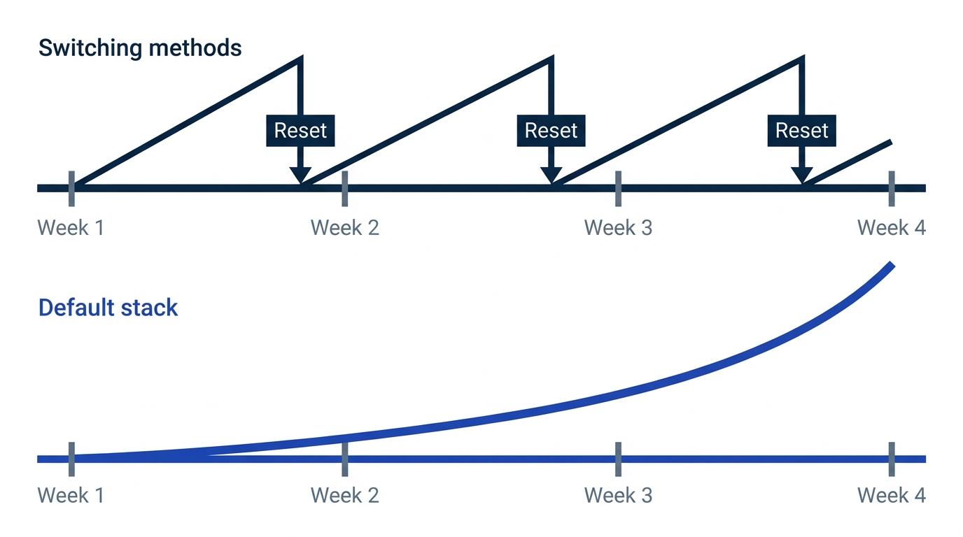 Two timelines over one month: repeated method switching keeps resetting progress, while staying on the default stack compounds steadily