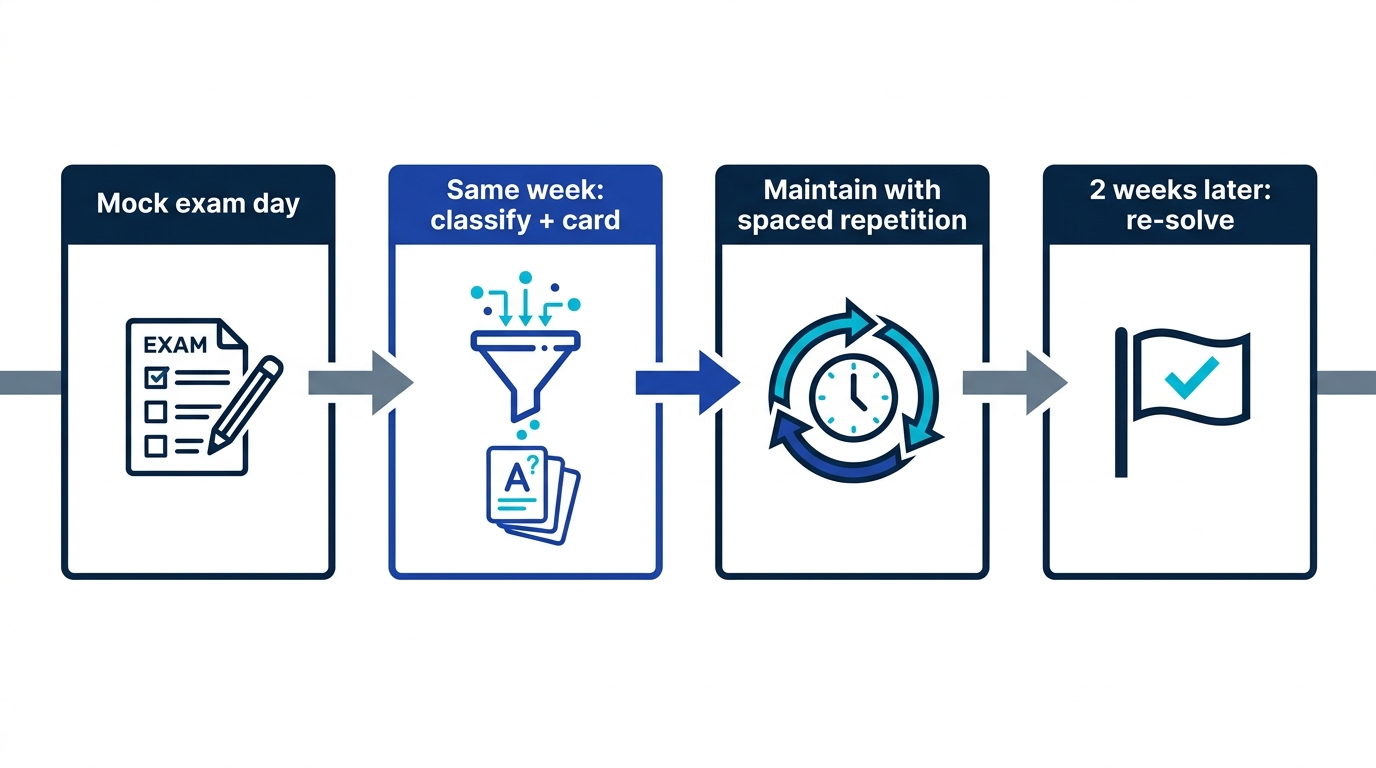 Timeline of the mock exam review cycle: same-week classification and carding, spaced repetition, and re-solving two weeks later