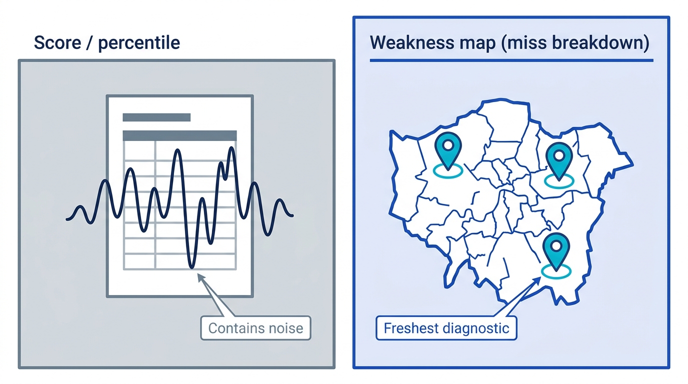 Diagram contrasting the mock exam score, which is noisy, with the breakdown of misses, which forms a valuable weakness map