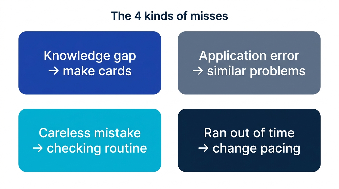 Classification diagram sorting misses into knowledge gap, application error, careless mistake, and time-out, each with its own fix