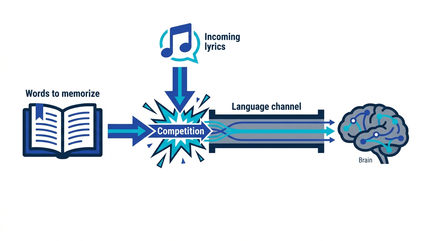Diagram of lyrics and verbal study material competing for the same language processing channel
