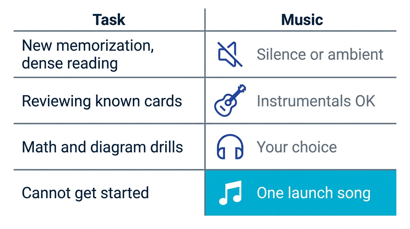 Quick reference matrix matching study task types to music recommendations, with silence for new verbal material and instrumentals for routine review