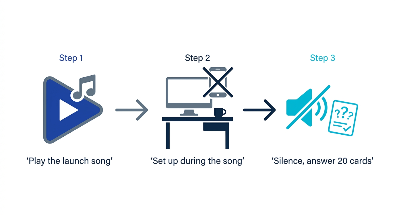 Flow of the launch ritual: play one fixed song, prepare during the song, then start studying in silence with a small first task
