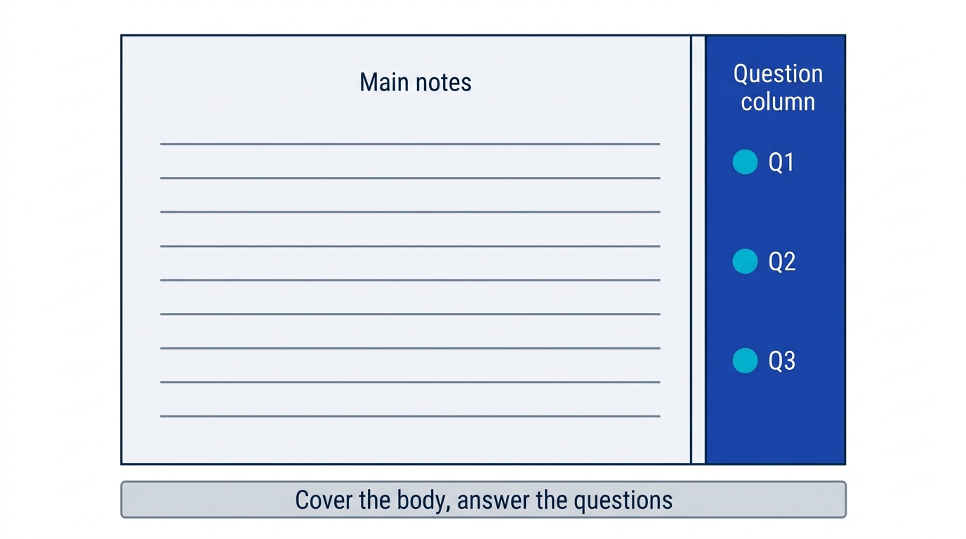 Note layout diagram with a question column on the right edge, used by covering the body and answering the questions