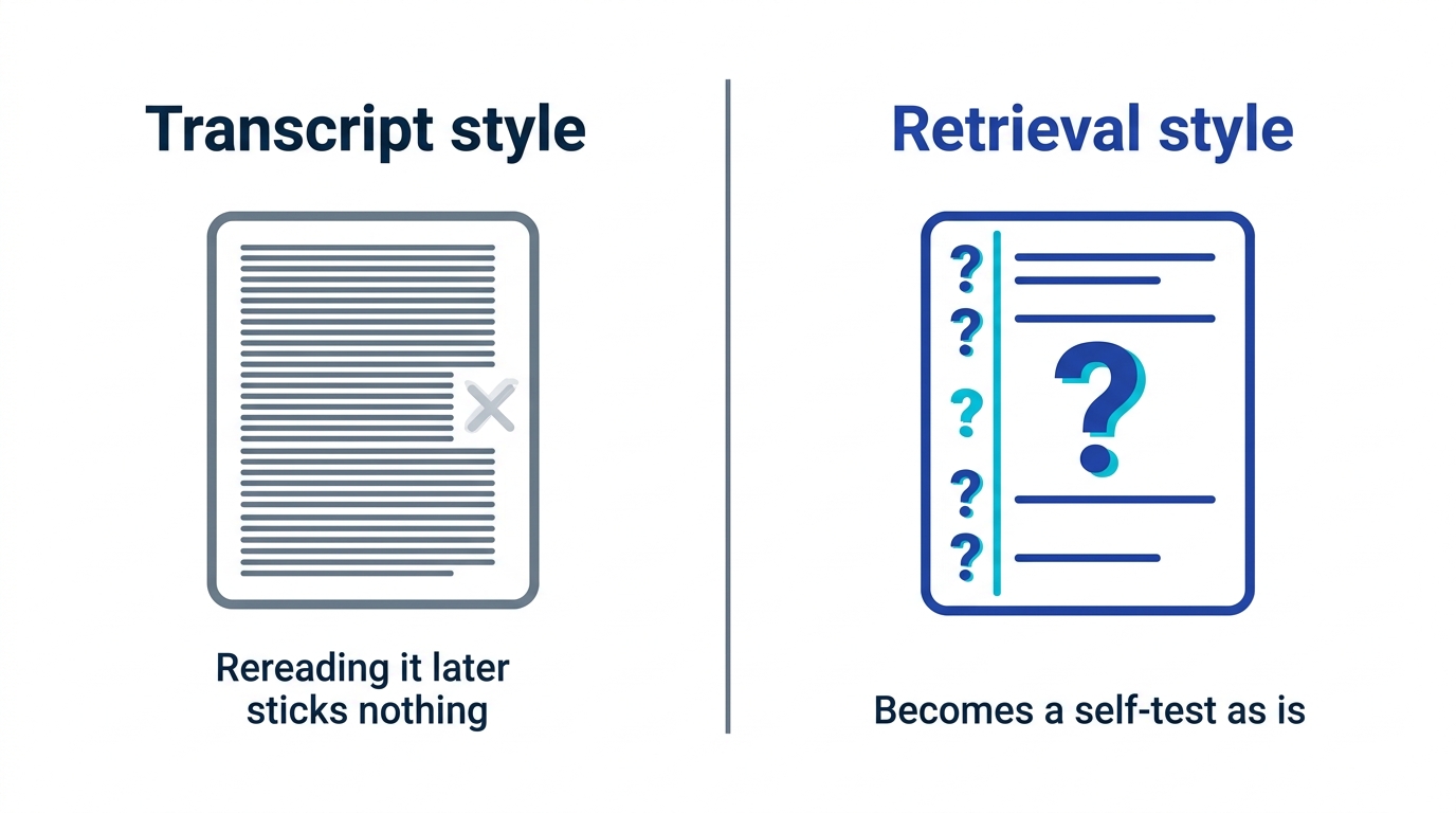 Contrast diagram: transcript-style notes become a dead record, while retrieval-oriented notes with questions and whys become testable scaffolding