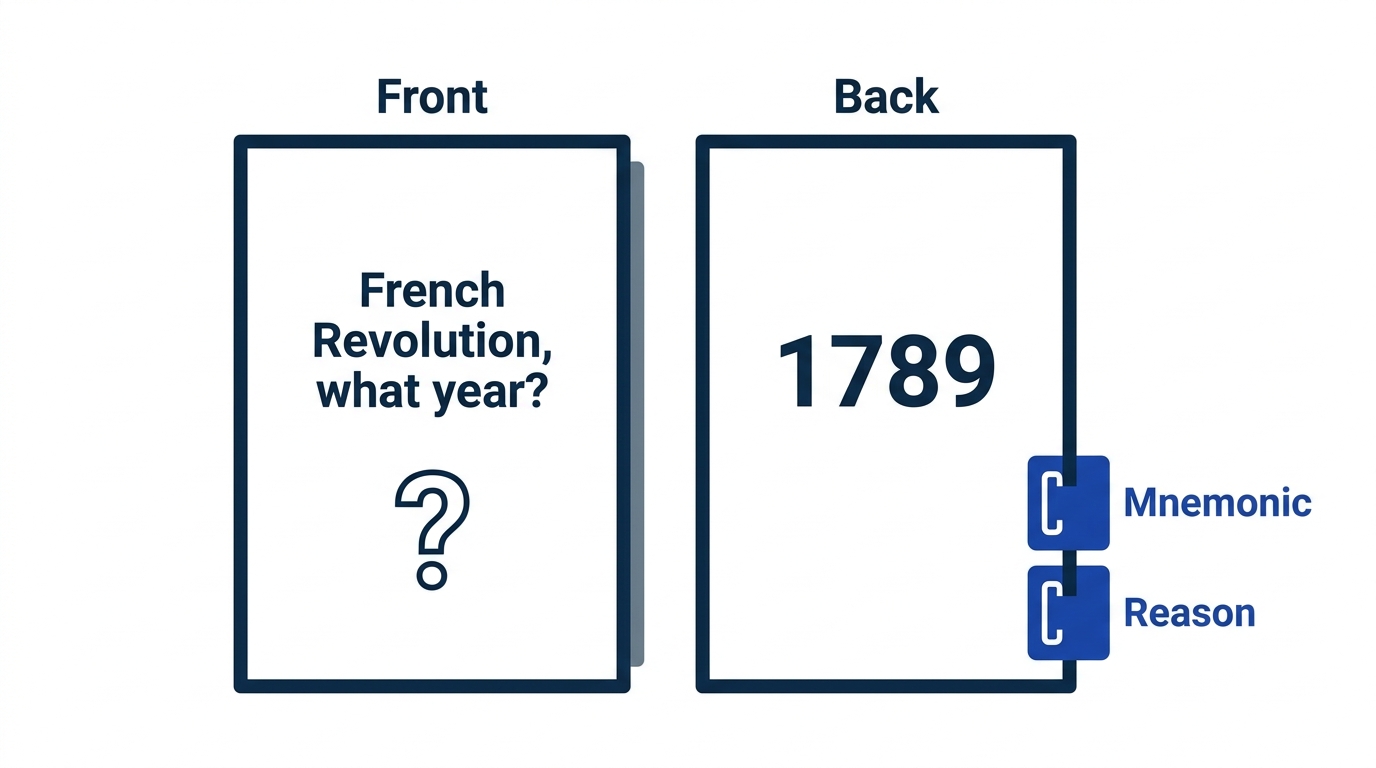 Anatomy of a good number card: a front that asks for the number and a back carrying the number plus mnemonic or reason hooks