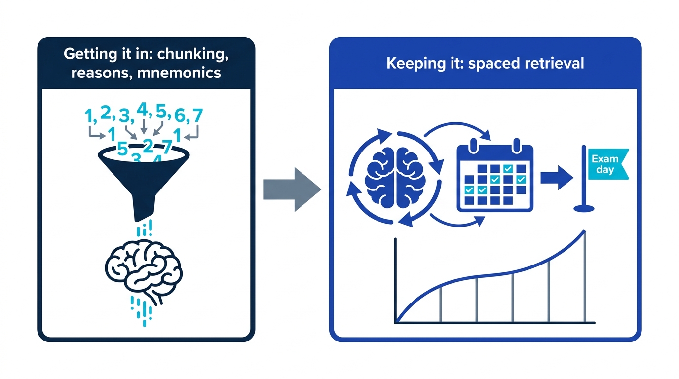 Two-stage diagram: mnemonics and reason-linking put numbers into memory, while spaced retrieval is what keeps them until exam day