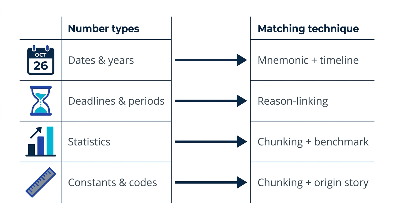 Matrix matching number types (dates, deadlines, statistics, constants) to the encoding technique that works best for each