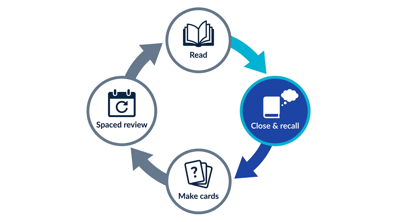 The output-connected study cycle: read, close and recall, convert to cards, review with spaced repetition