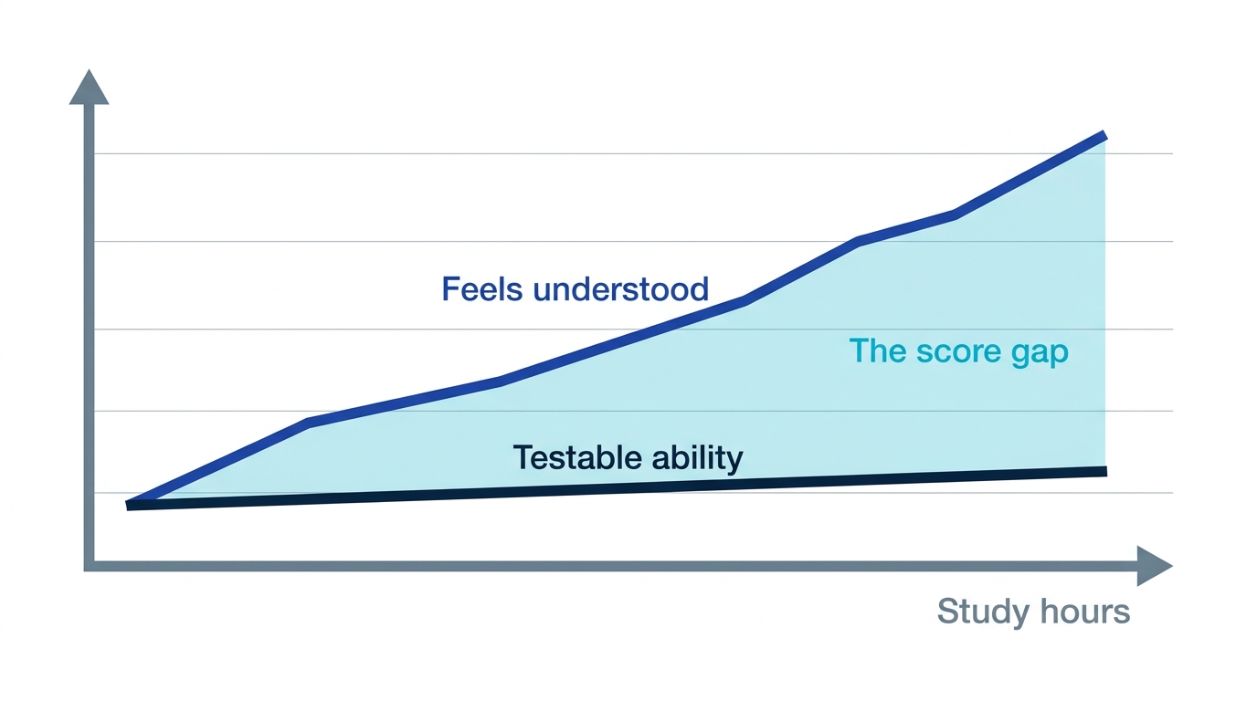 Chart showing how input-heavy studying inflates felt understanding while testable ability lags far behind, and the gap keeps widening