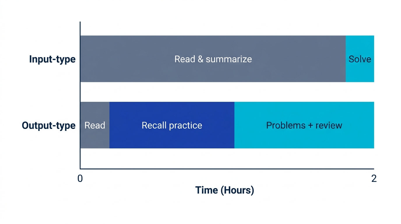 Comparison of the same two hours: the input-type block is dominated by reading while the output-type block is dominated by recall and problem practice