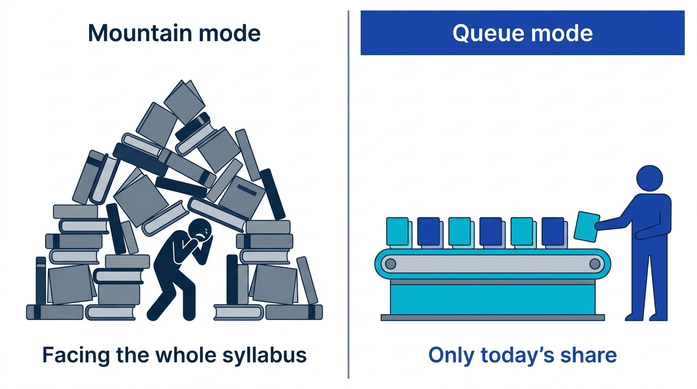 Comparison of trying to hold the whole mountain of material at once versus lining it up as a queue processed one day at a time