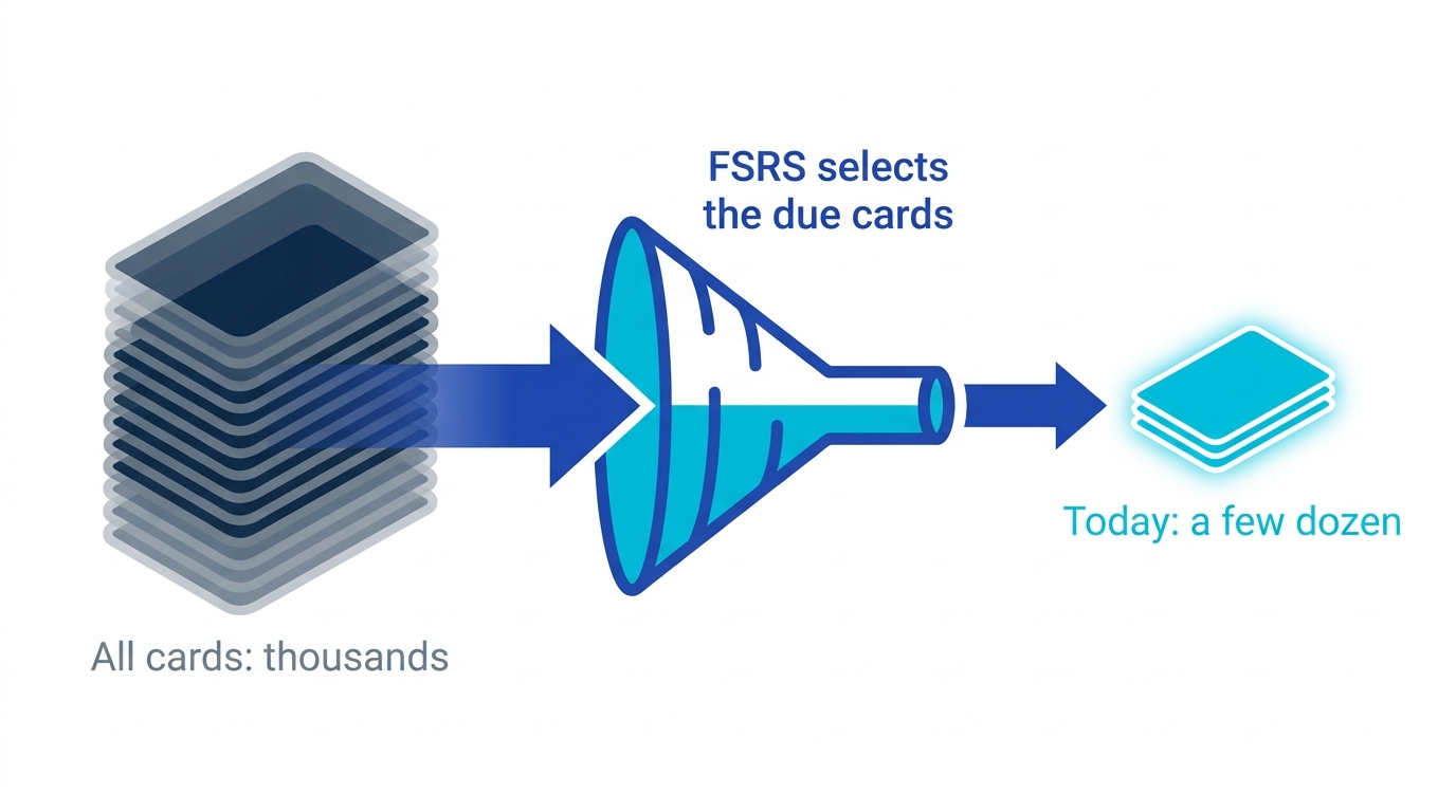 Diagram of a system selecting only today's due cards out of thousands and presenting just that daily pile