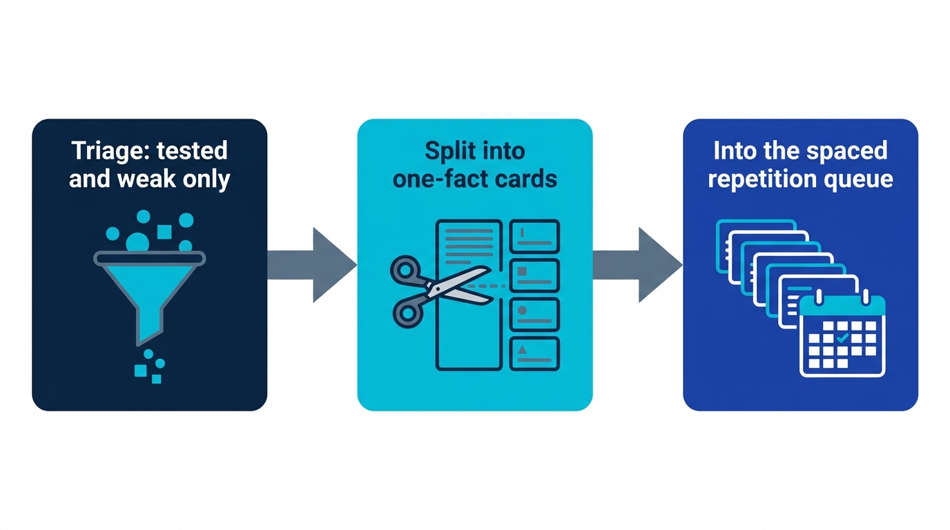 Flow of the three design moves: triage the material, decompose it into one-fact cards, and feed it into a spaced repetition queue
