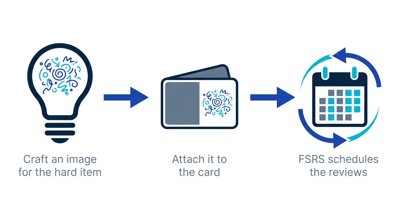 Combined workflow diagram: create an image for hard items, attach it to the flashcard, and let spaced repetition manage the review schedule