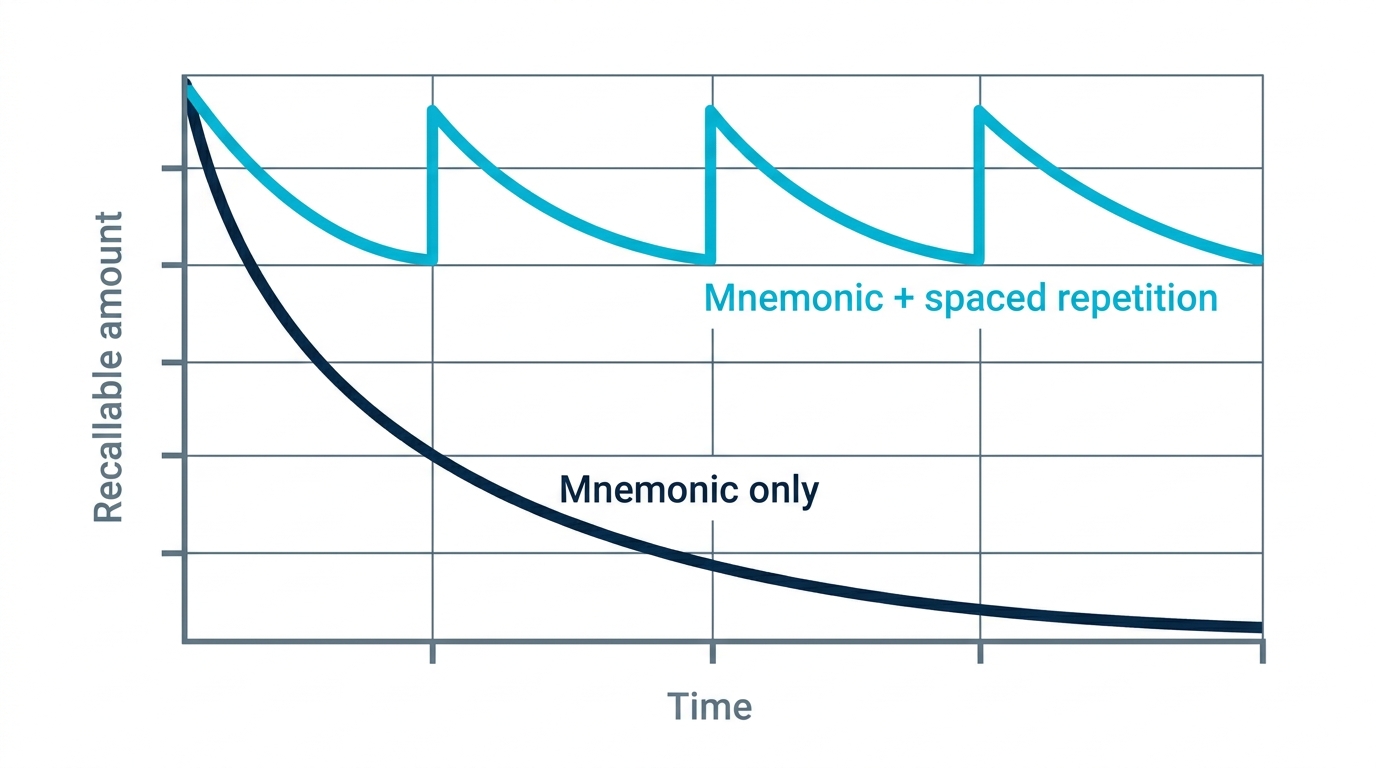Chart showing mnemonic-only memories fading over time while mnemonics combined with spaced repetition stay recallable