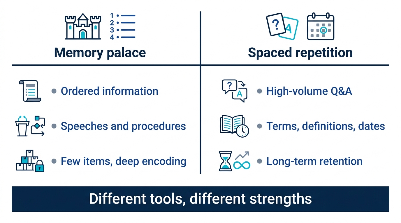 Comparison diagram: memory palace suits ordered low-volume information, spaced repetition suits large volumes of question-and-answer knowledge