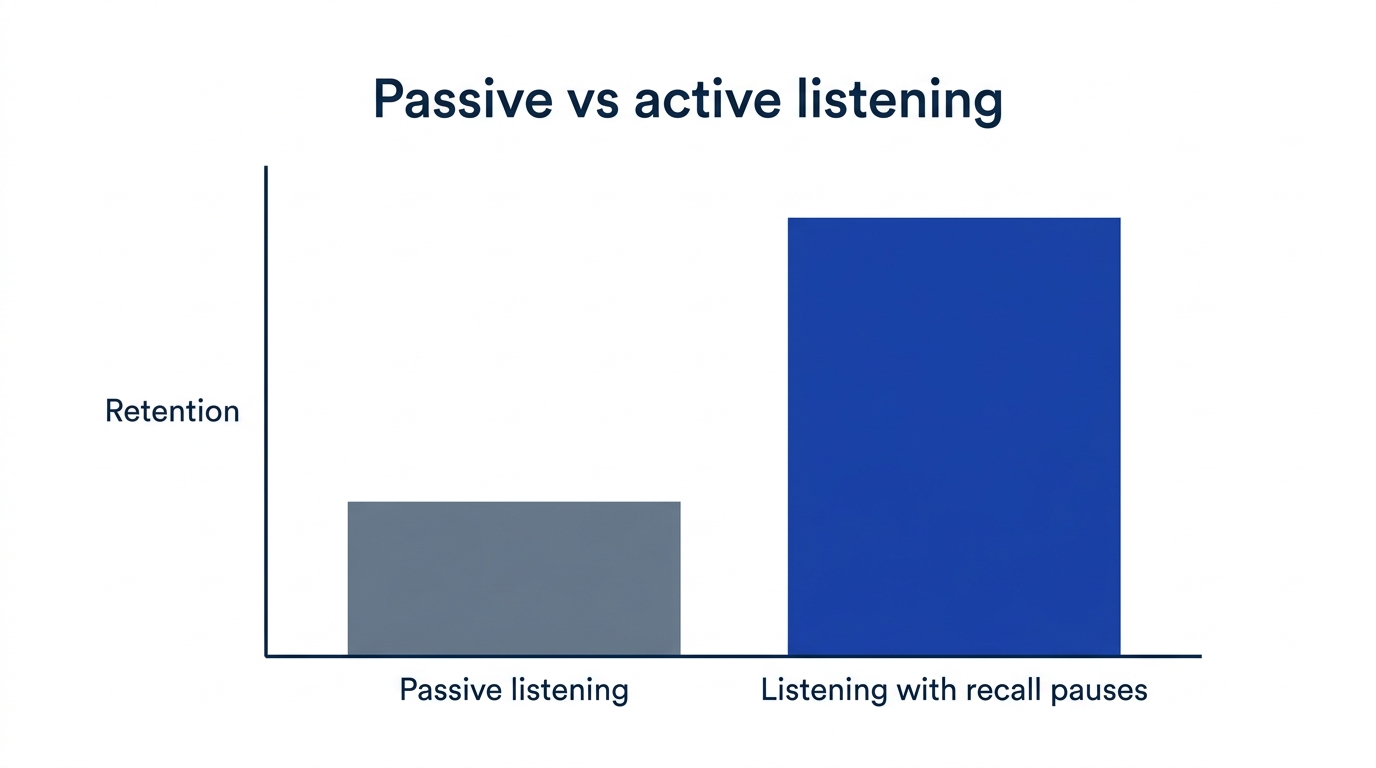 Bar chart comparing retention from passive listening versus listening with a recall pause, showing higher retention with active recall