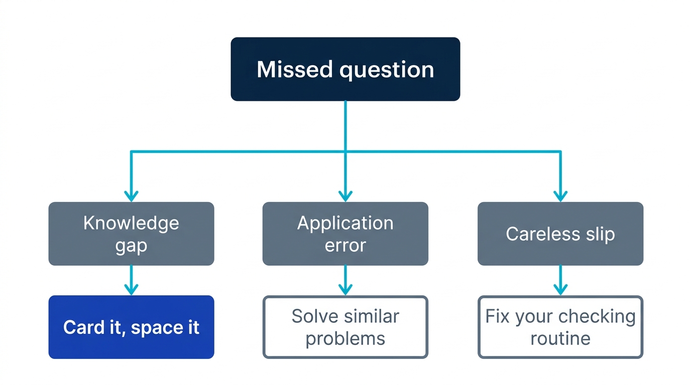 Classification tree splitting mistakes into knowledge gaps, application errors, and careless slips, each with a different fix
