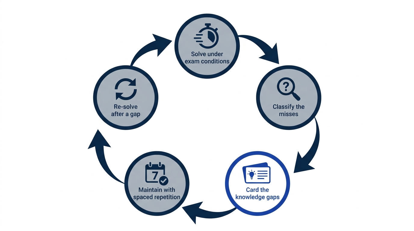Five-step cycle: solve under exam conditions, classify misses, turn knowledge gaps into cards, maintain with spaced repetition, re-solve later