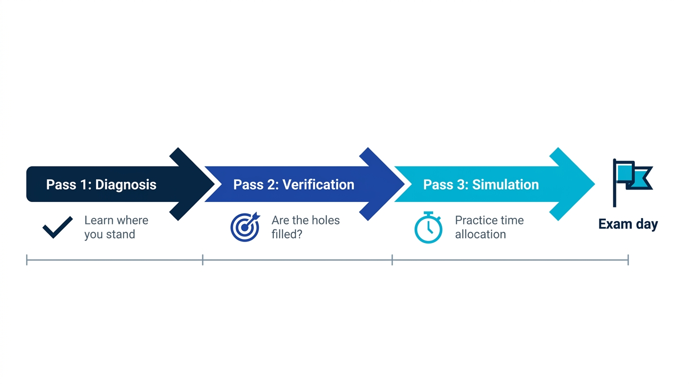 Timeline of practice test passes: first pass for diagnosis, second for verifying weak points, third for full exam simulation
