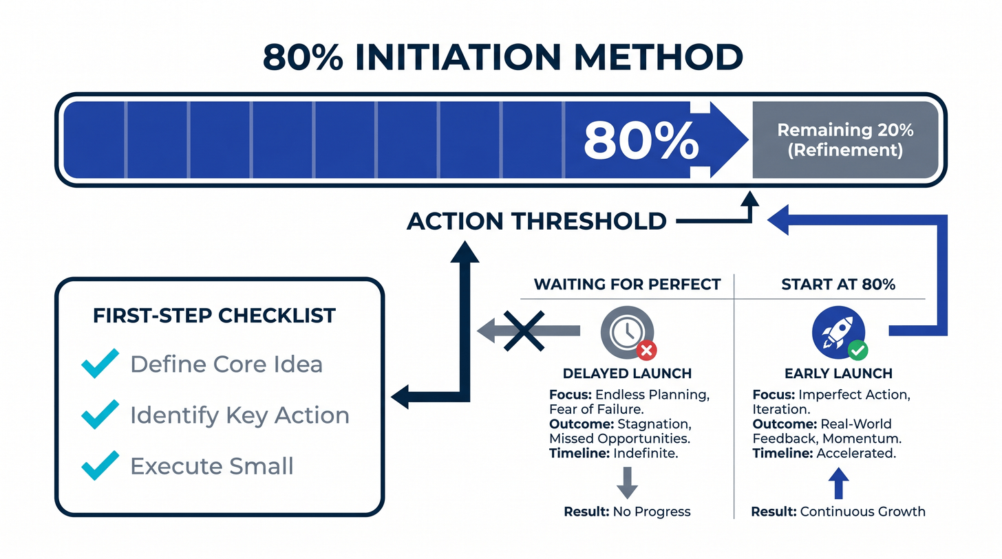 The 80% Initiation Method five principles - reduce time, volume, conditions, judgment, and recording to bypass the perfectionist defensive system