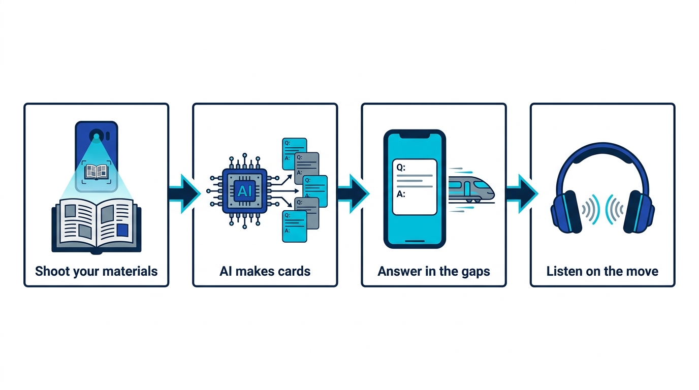 Pipeline showing how to use the phone offensively: photograph materials, AI makes cards, review due cards in gaps, listen while commuting