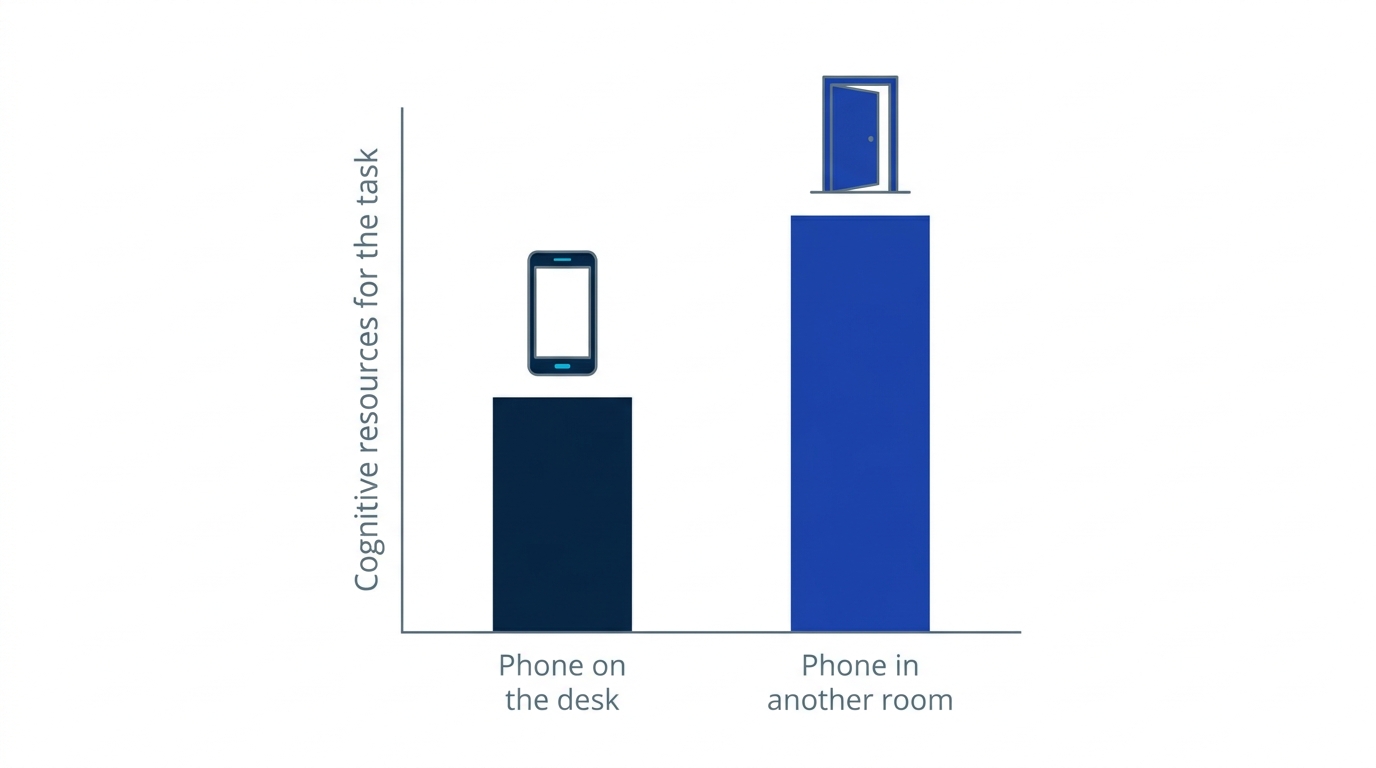 Diagram comparing cognitive resources available for the task when the phone is on the desk versus in another room