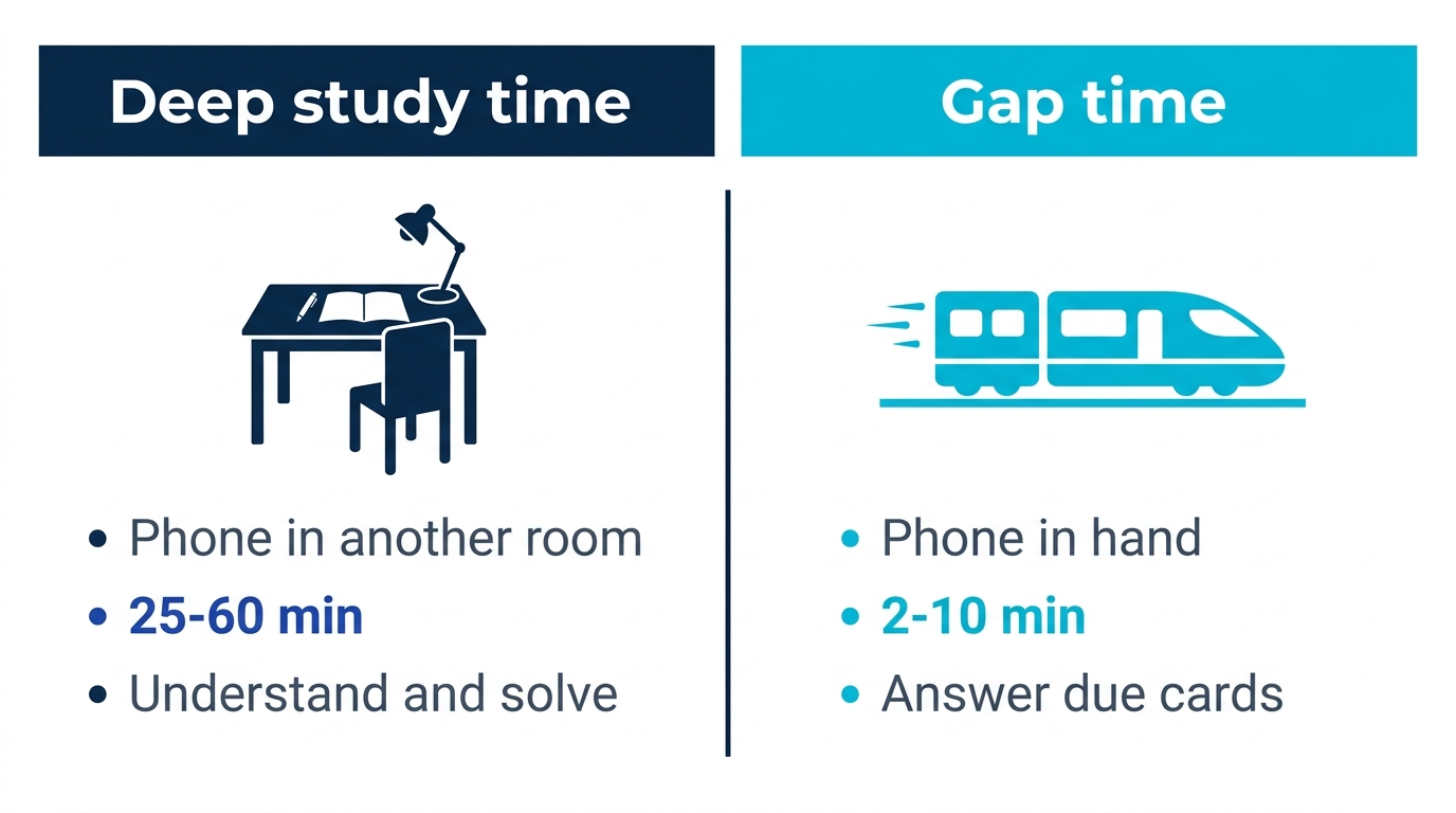 Two-mode rule diagram: keep the phone away during deep study time and use it for review during gap time