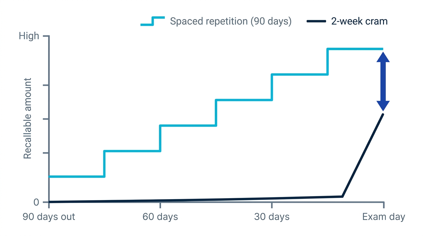 Chart comparing 90 days of spaced repetition with a two-week cram: recall on exam day differs dramatically