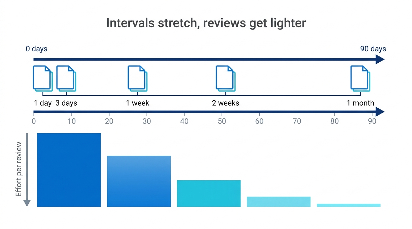 Diagram of review intervals expanding from one day to one month across 90 days, with each review getting lighter