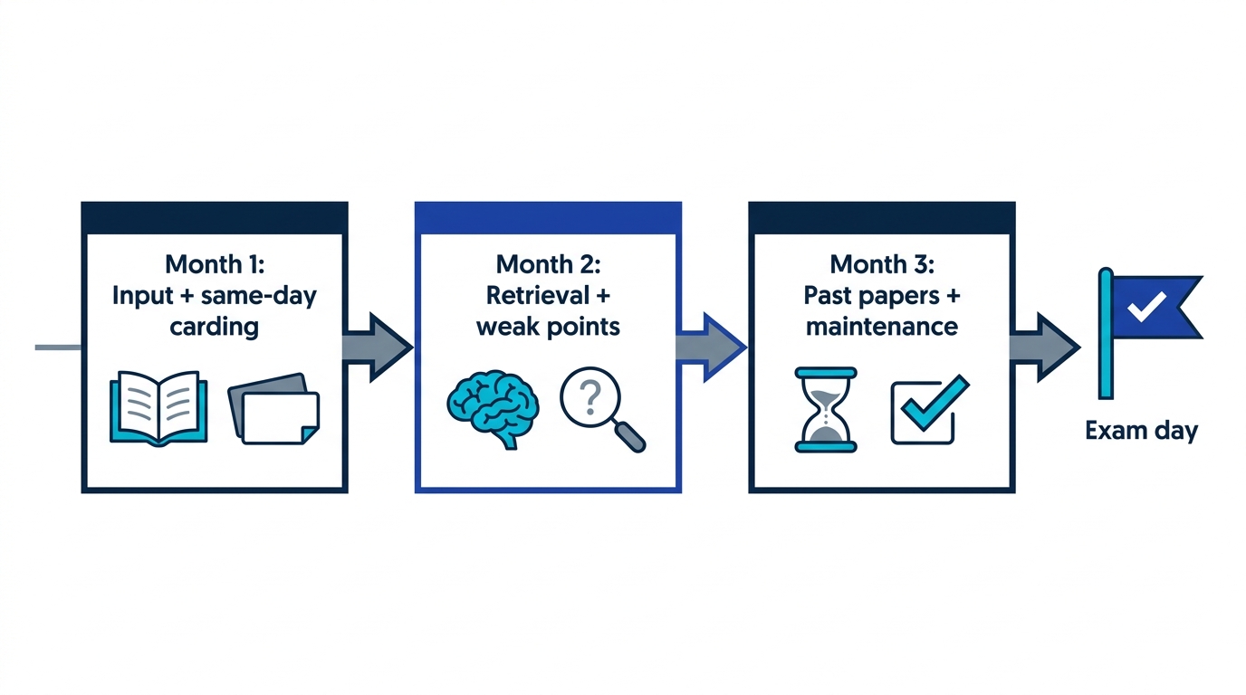 Timeline of the 90-day reverse plan split into input, retrieval, and rehearsal phases