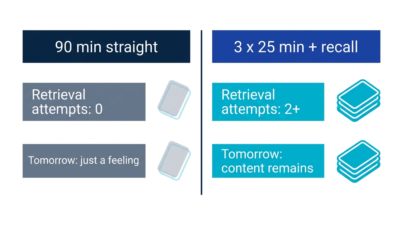 Comparison of one unbroken 90-minute session versus three 25-minute cycles, showing more retrieval attempts and better next-day retention for the cycles
