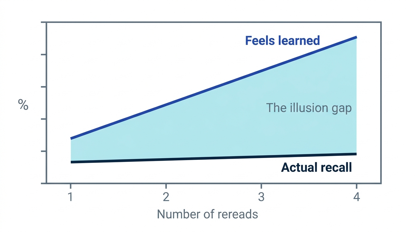 Chart of the fluency illusion: felt knowledge rises with each rereading while actual recall barely moves, and the gap widens
