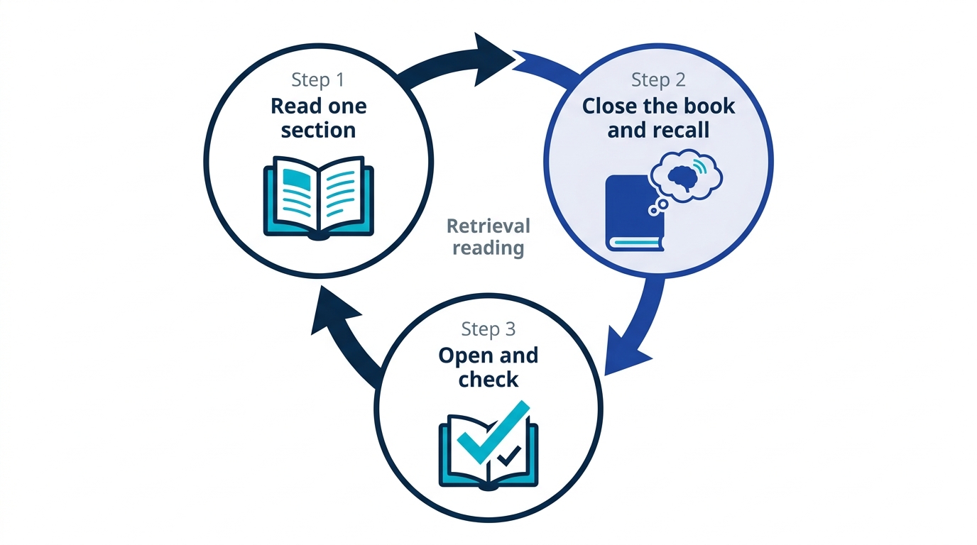The retrieval reading cycle: read a section, close the book and recall, then check and repeat