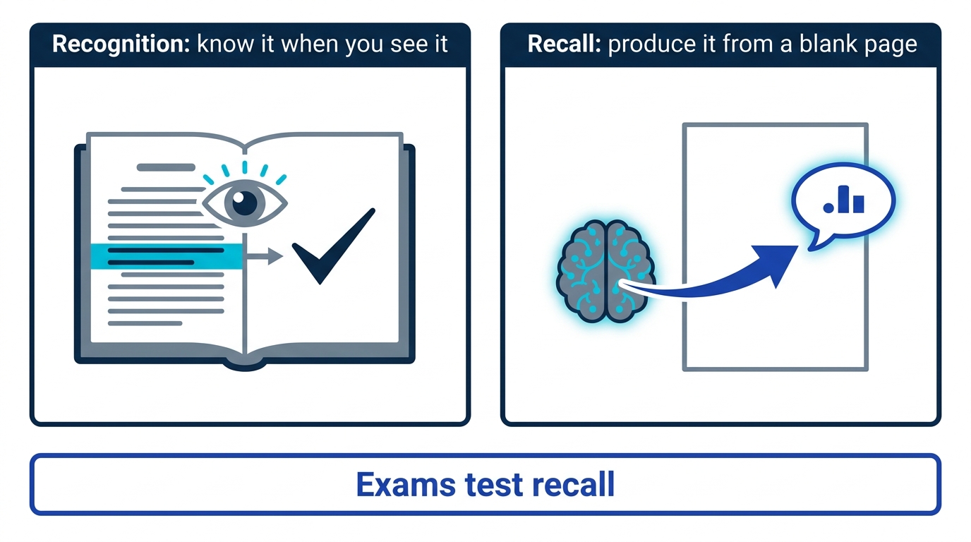 Diagram contrasting recognition, knowing it when you see it, with recall, producing it from a blank page, which is what exams require